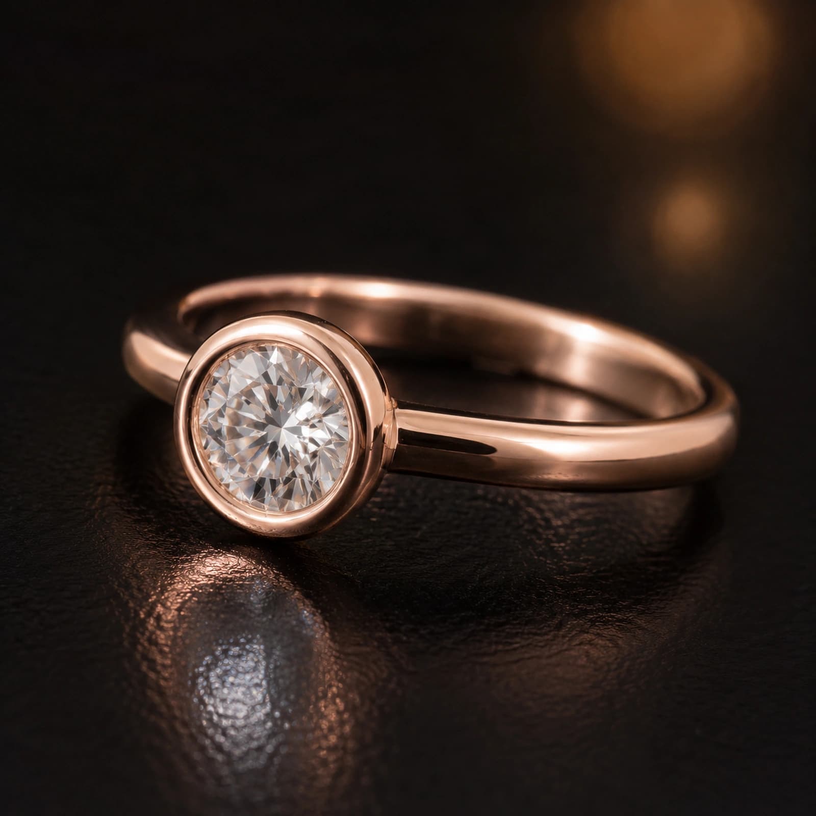 Pierścionek bezel solitaire z diamentem laboratoryjnym w różowym złocie w ujęciu pod kątem na ciemnym tle