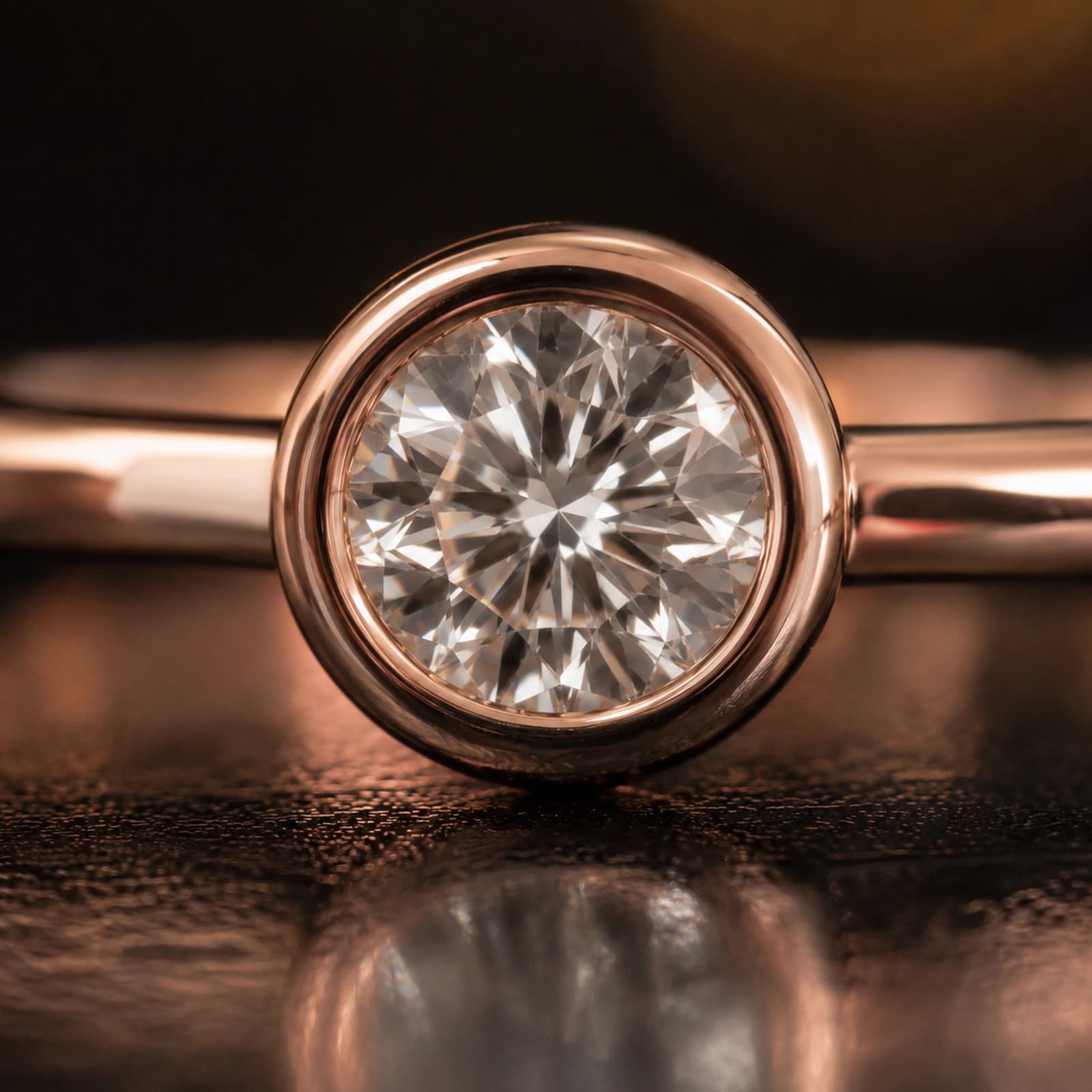 Detal oprawy i diamentu w modelu pierścionek bezel solitaire na ciemnym tle