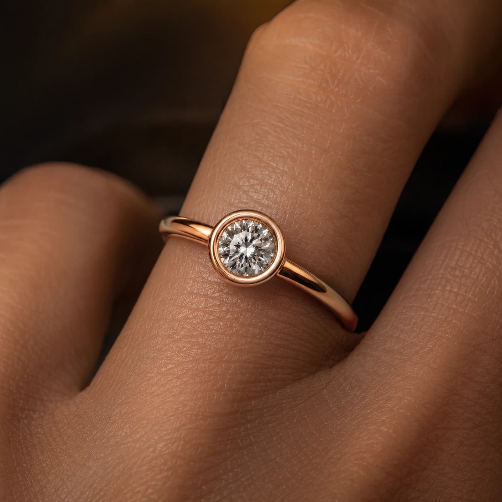 Pierścionek bezel solitaire z diamentem laboratoryjnym w różowym złocie noszony na dłoni
