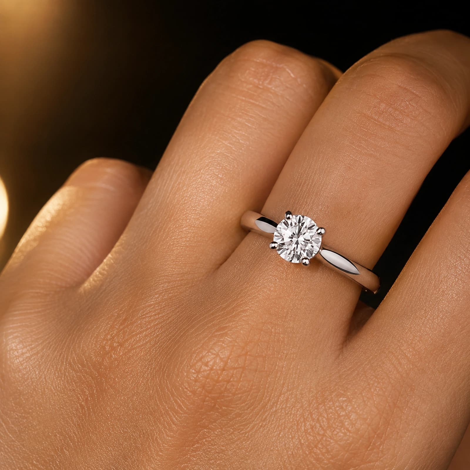 Pierścionek tapered solitaire z diamentem laboratoryjnym w białym złocie noszony na dłoni