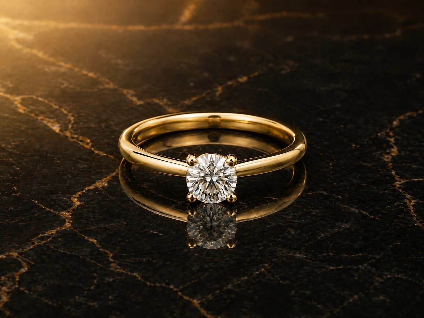 Pierścionek solitaire z diamentem w żółtym złocie, oprawa 4 pazurki — kompozycja still life